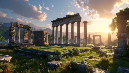 Ancient ruins stand proudly amidst green fields, bathed in the golden light of a setting sun
