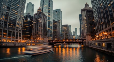 Obraz premium Chicago River at Dusk: Boat Blur, City Lights Reflection, Urban Landscape