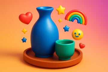 Colorful ceramic vase and cup on wooden tray with floating 3D emoji icons including heart, smiley, and stars on vibrant gradient background. Ai generative
