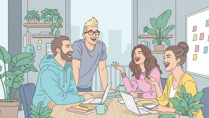 Diverse Team Collaboration Cheerful Professionals Laughing and Working Together at a Modern Office Space