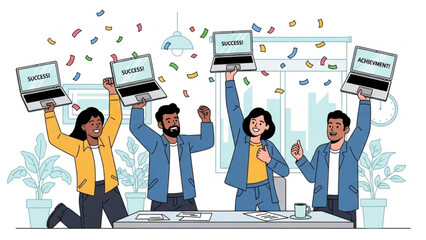 Team celebrating success with laptops, confetti, and vibrant colors, highlighting teamwork and achievement