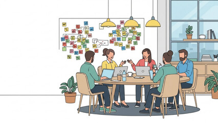 Teamwork in a modern office Colleagues collaborating around a table with sticky notes, computers and windows