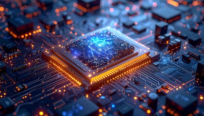 Close-up of a complex circuit board featuring a brightly lit central processor with numerous glowing elements