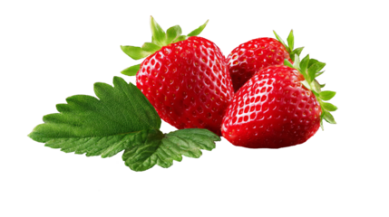 Fresh red strawberries with vibrant green leaves, showcasing their juicy texture and natural beauty, perfect for culinary presentations and healthy lifestyle concepts