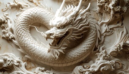Intricate dragon sculpture, white marble, coiled with swirling cloud-like forms on a marbled light background