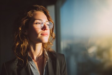 Professional woman looking out the office window with morning sunlight, symbolizing reflection and ambition.