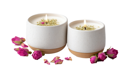Two elegant candles with floral accents, featuring soft wax and natural ingredients, surrounded by dried rose petals, creating a serene and calming atmosphere for relaxation
