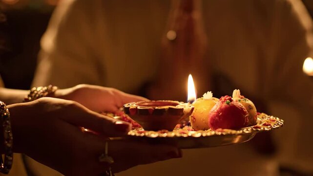 Indian woman performs karva karwa chauth karaka chaturthi ritual holding puja thali with diya and offerings for husbands long life