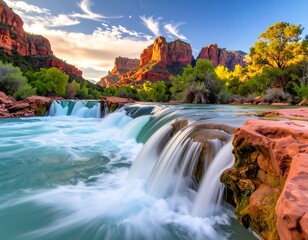 Cascade flows over rocks with distant red mesas, green trees under a cloudy sky with golden hour light