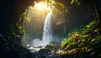 Cascading waterfall through verdant jungle, sunlight piercing through dense foliage illuminating the natural spectacle