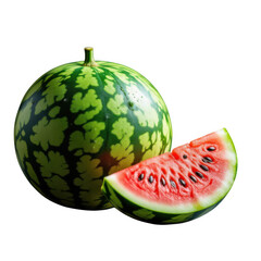 Juicy ripe watermelon fruit slice and whole on for refreshment isolated on transparent background