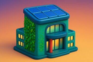 Obraz premium Eco-friendly building with solar panels and green wall in cartoon style on gradient background, symbolizing sustainable architecture concept. Ai generative