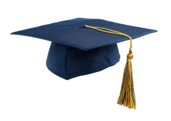 Detailed navy blue graduation cap with golden tassel on transparent background