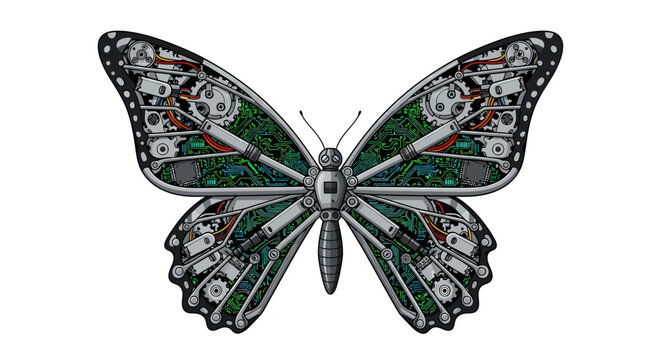 Intricate Mechanical Butterfly with Circuit Board Wings.