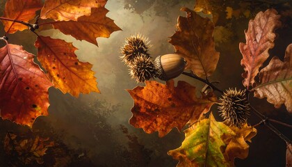 Close-up of oak leaves & acorns on branches against a dark, textured background. Warm autumn hues dominate