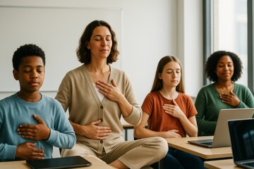 Group of diverse students and a teacher practicing mindfulness meditation in a classroom setting with calm expressions and natural light background. Ai generative