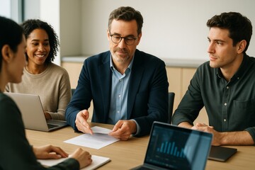Diverse business team in smart casual attire discussing documents during a meeting with laptops on a light background in modern office setting. Ai generative