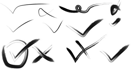 Brush Stroke Tick and Cross Marks Set on White Background