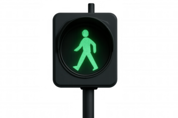 Pedestrian traffic light showing green walk signal, indicating safety and permission to cross street, transparent background