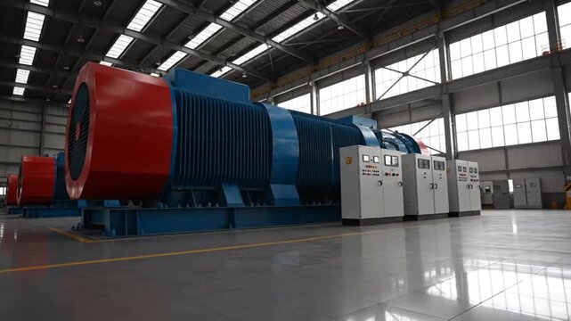 Magnet production in heavy industrial factory showcasing large-scale electric motor systems, high-voltage coils, and generator components for energy engineering