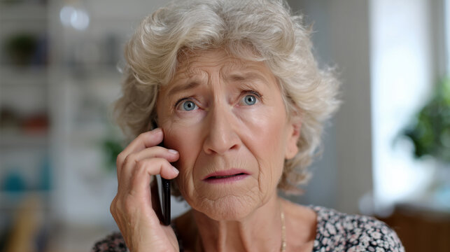 An elderly Caucasian woman with curly white hair looks worried while talking on a smartphone, get financial scam call. 