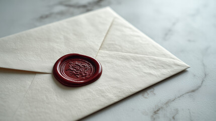 A minimalist elegant composition featuring a cream-colored envelope sealed with a round deep-red wax stamp