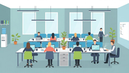 Modern Office Interior Diverse Team Working at Desks with Computers, Focus on Collaboration and Productivity