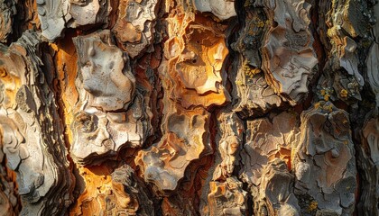 Close up of detailed tree bark texture illuminated by warm golden hour sunlight showcasing rough surfaces and natural patterns