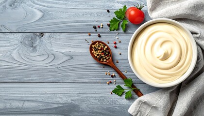 Creamy sauce in a bowl on gray wood, with pepper, parsley, tomato, and linen cloth
