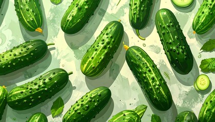 Cucumbers scattered across a textured, light-green surface with some green leaves and a sliced cucumber piece