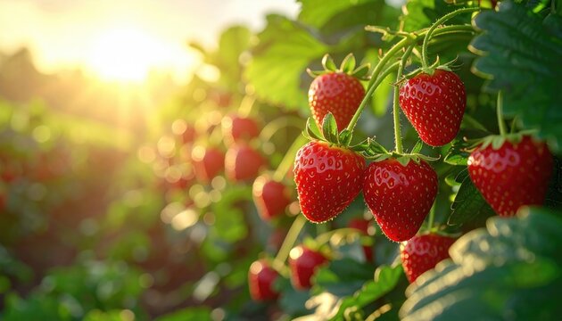 Close-up Of Fresh Ripe Strawberries Growing On The Vine In A Field At Sunset With Golden Sunlight Streaming Through The Leaves And A Shallow Depth Of Field