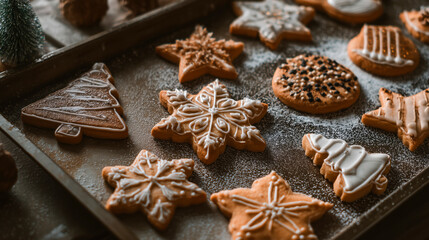 Decorative Christmas cookies in various shapes, including trees and stars, arranged on a baking tray with powdered sugar sprinkled around.
