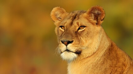 Obraz premium Lioness with a focused gaze and detailed fur, bathed in golden savanna light with a natural habitat backdrop.