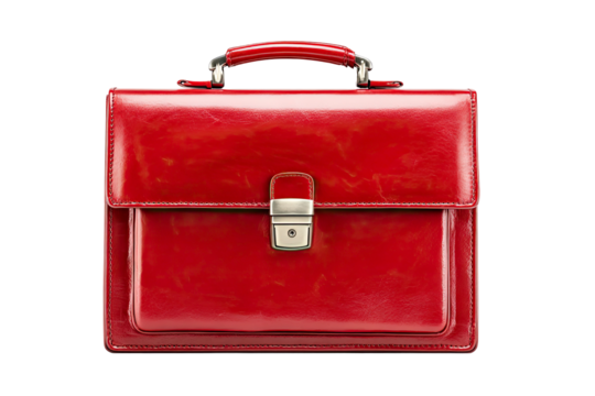A glossy red leather satchel with silver hardware on transparent background