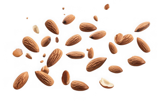 Almonds flying in mid air against a black background nuts food