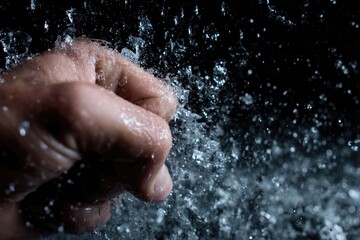 Fototapeta premium Fist striking water creates dynamic splashes, showcasing energy