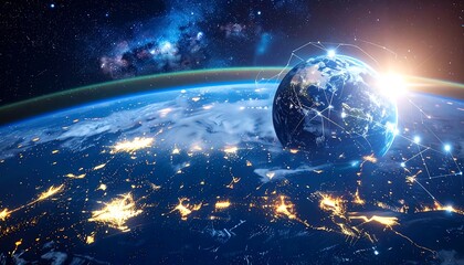Earth viewed from space, city lights glowing, sun rising over the horizon. Network connecting points on the globe