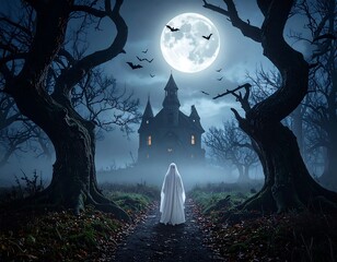 Eerie scene with a ghost in front of an old castle under a full moon, surrounded by trees, fog, and bats