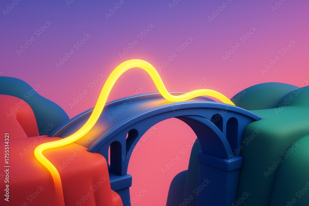 Wall mural glowing yellow wave crossing stylized blue bridge between colorful hills with smooth gradient backgr