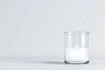 White powder dissolving in clear liquid within glass container h