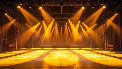 Empty stage bathed in warm orange spotlights, creating dramatic beams and shadows across the floor