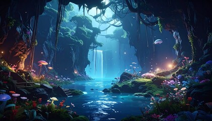 Enchanted glen with waterfall cascading into a serene, blue-lit stream, lush foliage, and glowing flora