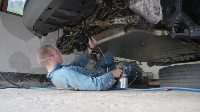 Car owner carefully sprays natural lanolin product on car underside to guard against corrosion caused by winter road treatment chemicals