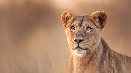 Obraz premium Lioness with a focused gaze and detailed fur, bathed in golden savanna light with a natural habitat backdrop.
