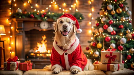 3d illustration of golden retriever dog wearing a santa claus costume and hat, sitting in front of a decorated christmas tree and fireplace with warm lights, creating a festive holiday atmosphere