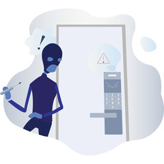 Intruder Wearing Mask Attempts To Pick A Lock On A Door With Digital Keypad Security System Blue And Gray Tones With Abstract Organic Shapes In Background Minimalist Illustration