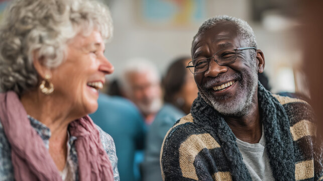 Mature African American Man and a senior caucasian woman are smiling at each other. The man is wearing glasses and the woman is wearing a scarf.