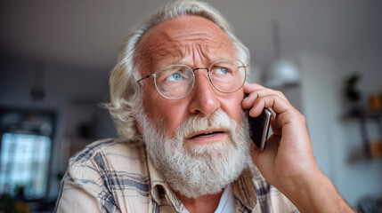 Senior Caucasian man with white hair and glasses, looking scared while talking on a smartphone, get financial scam call. 