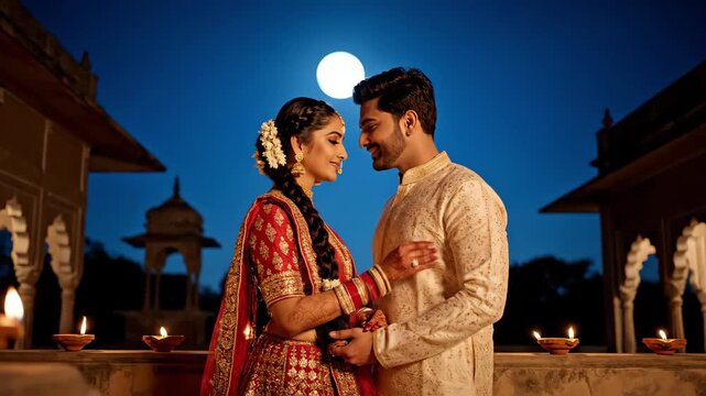 Traditional indian couple celebrating karva karwa chauth karaka chaturthi under a radiant full moon expressing love and devotion with earthen lamps