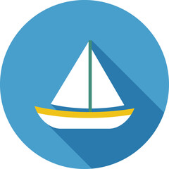 Illustration of a White Sailboat with Yellow Stripe and Green Mast Floating on a Calm Blue Water Circle with Long Shadow